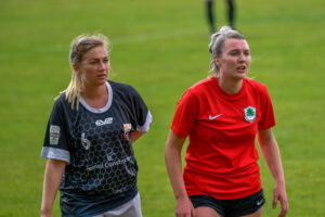 Jesci Hare of Port Talbot Town Ladies (left) and Alison Witts of Cyncoed Ladies scored 5 goals between them during the game
