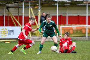 Action from the FAW Academy South Under 14 League game between Briton Ferry Llansawel Academy Under 14 and FAW Trust Girls Academy South Under 16 at the Old Road Ground in Briton Ferry, Wales, UK on 3 April 2022. Credit: Duncan Thomas/Majestic Media.