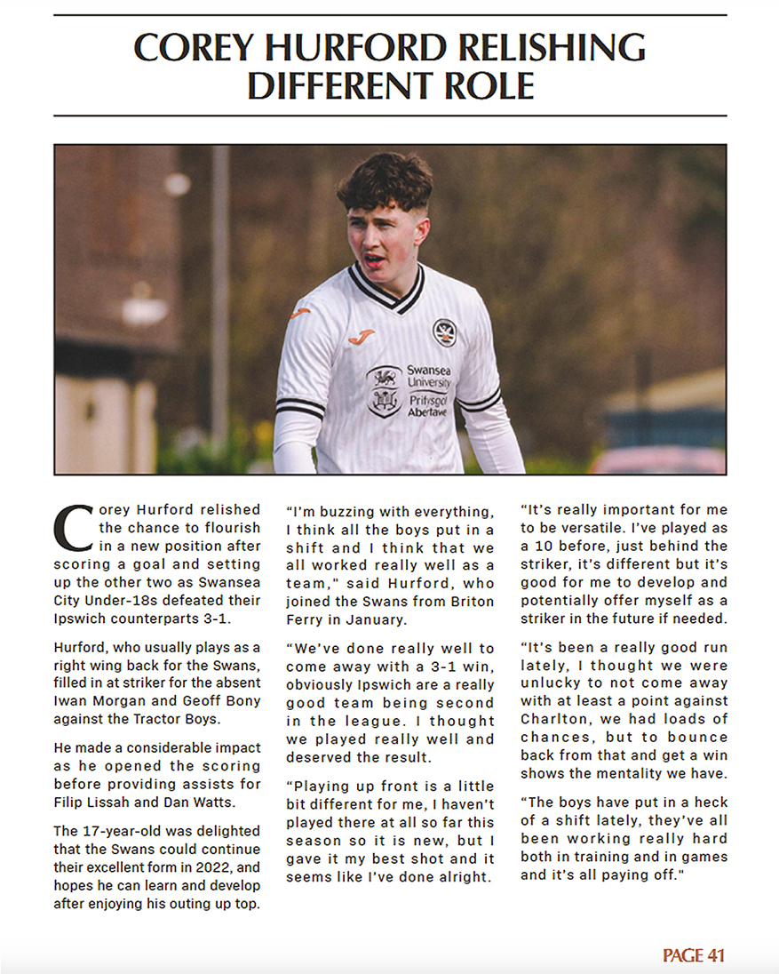Swansea City Under 21 player Corey Hurford in the match day programme