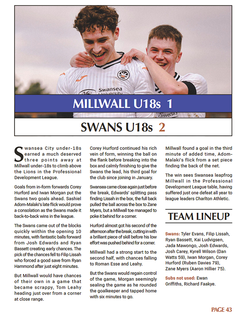 Swansea City Under 18 player Iwan Morgan in the match day programme