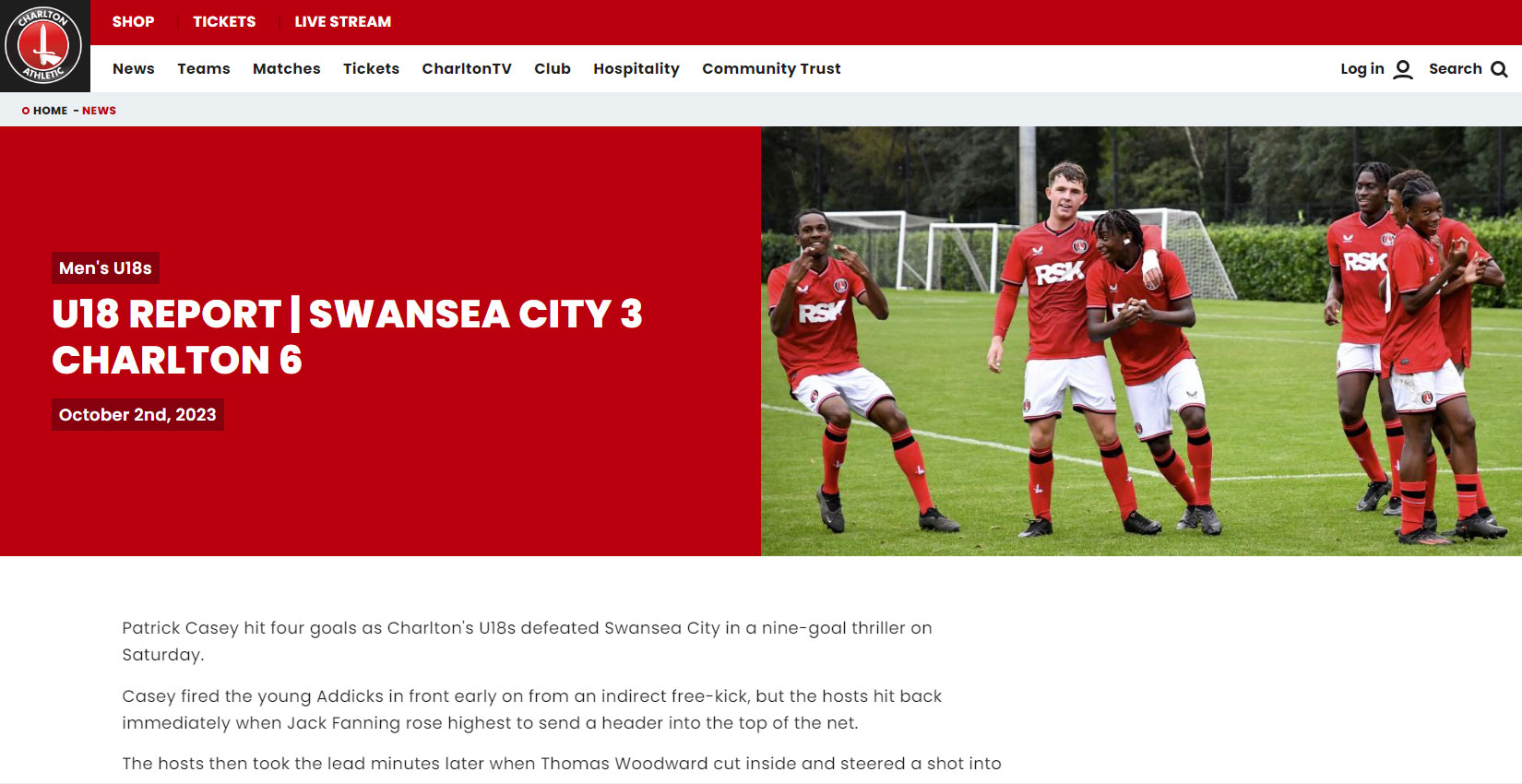 Charlton Athletic website October 2023